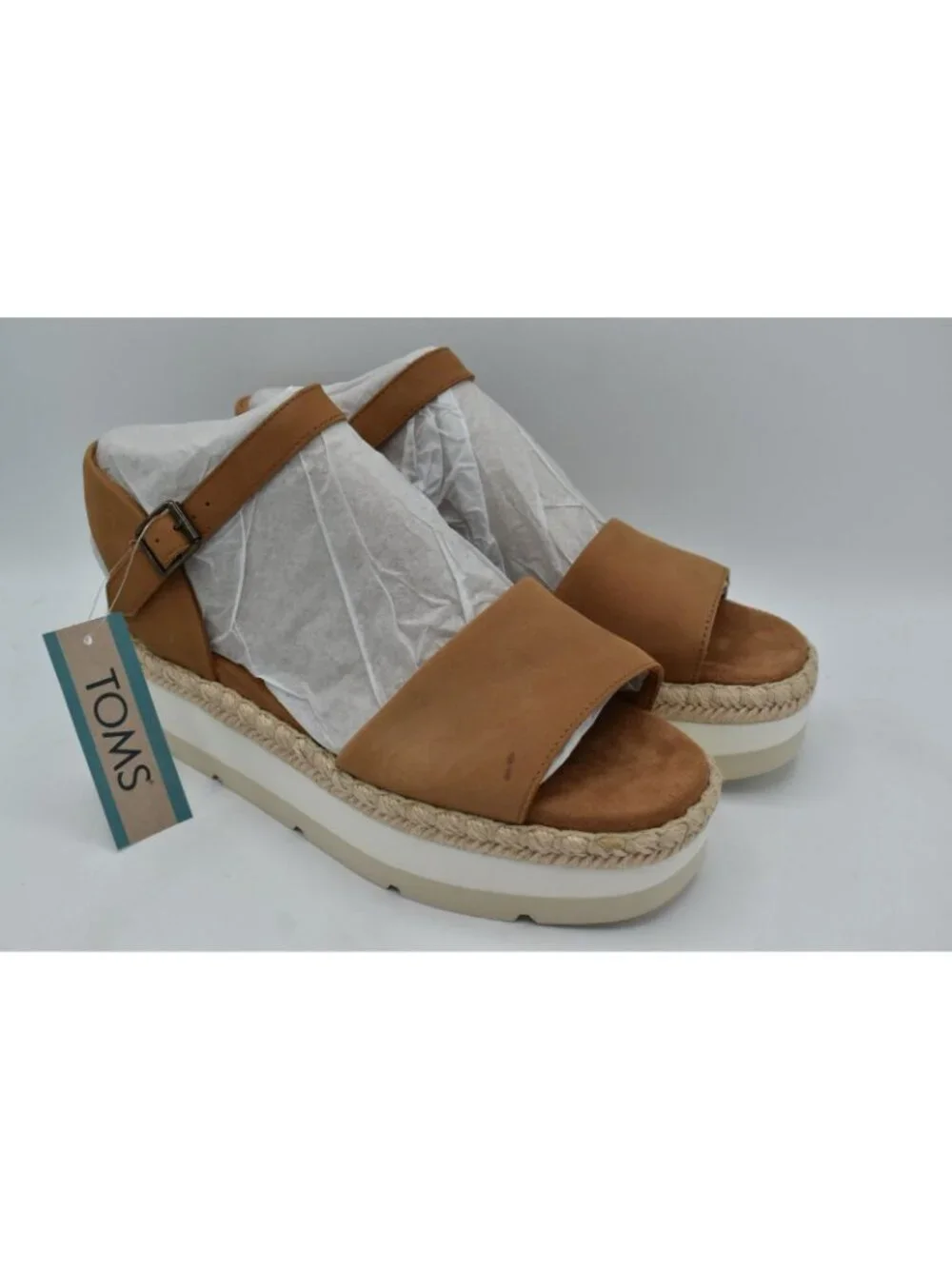 TOMS‎ Womens Size 10 Ronan Tan Leather Espadrille Platform Sandals Shoes